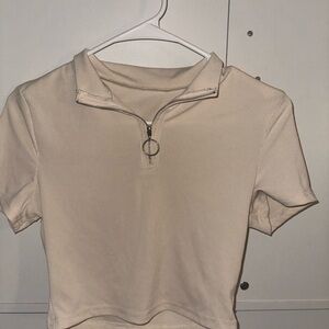 Stylish Cream Zip-Up Collared Crop Top
